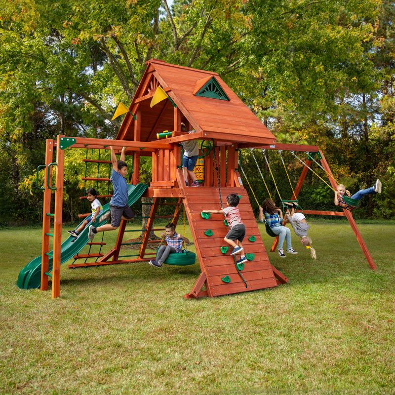 Sun Palace II Redwood Cedar Playground Set with Slide and Swings