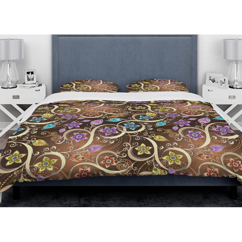 Ensemble de housse de couette designart ornementés avec fleurs et motif cachemire, Housse simple + 1 taie décorative