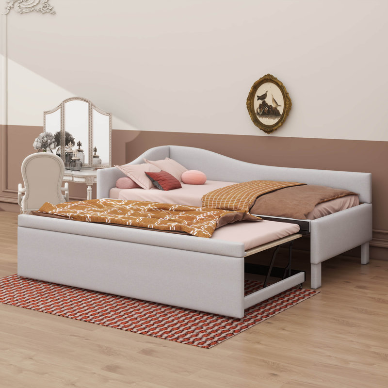 Lit de jour simple en L rembourré en forme de L avec lit gigogne escamotable, Beige