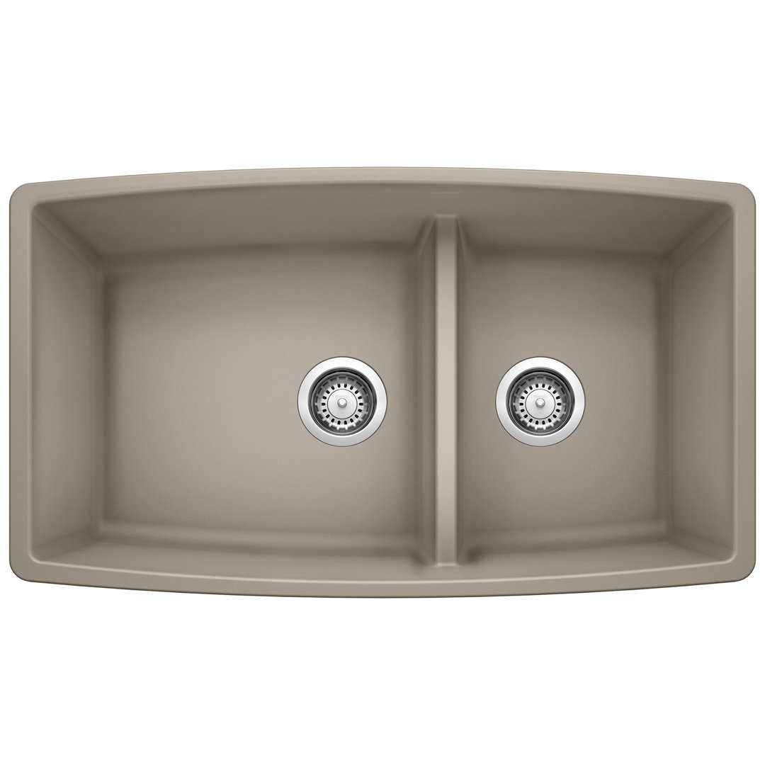 Performa SILGRANIT 33" 60/40 Double Bowl Undermount Kitchen Sink with Low Divide Blanco 