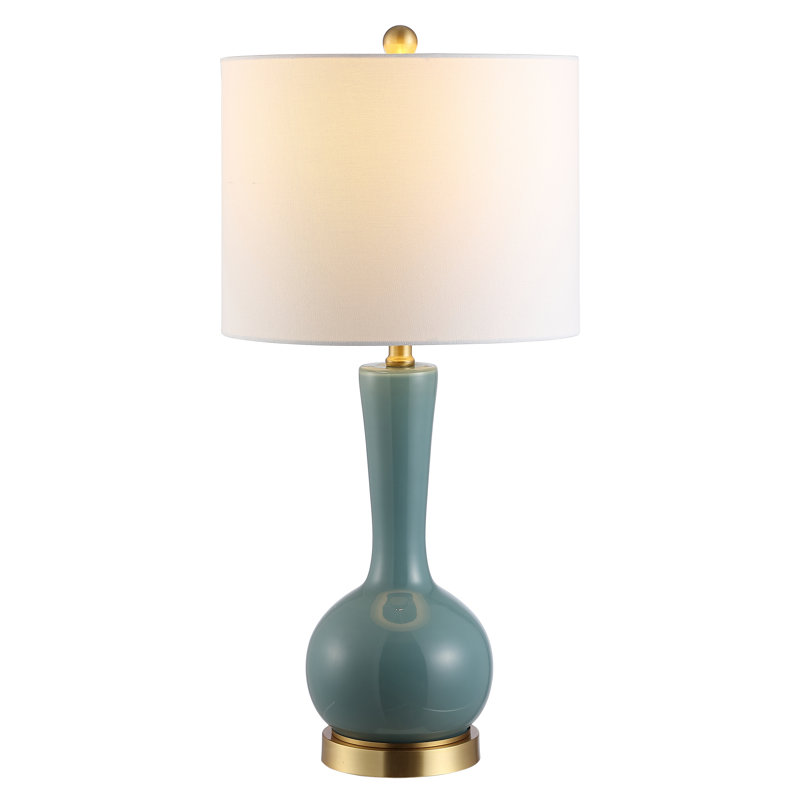 Teal and White Glass Gourd Table Lamp with Drum Shade