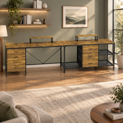 Bureau industriel de 286 cm (112,66 po) avec multiprise, 6 tiroirs, support pour écran amovible, style rustique marron.
