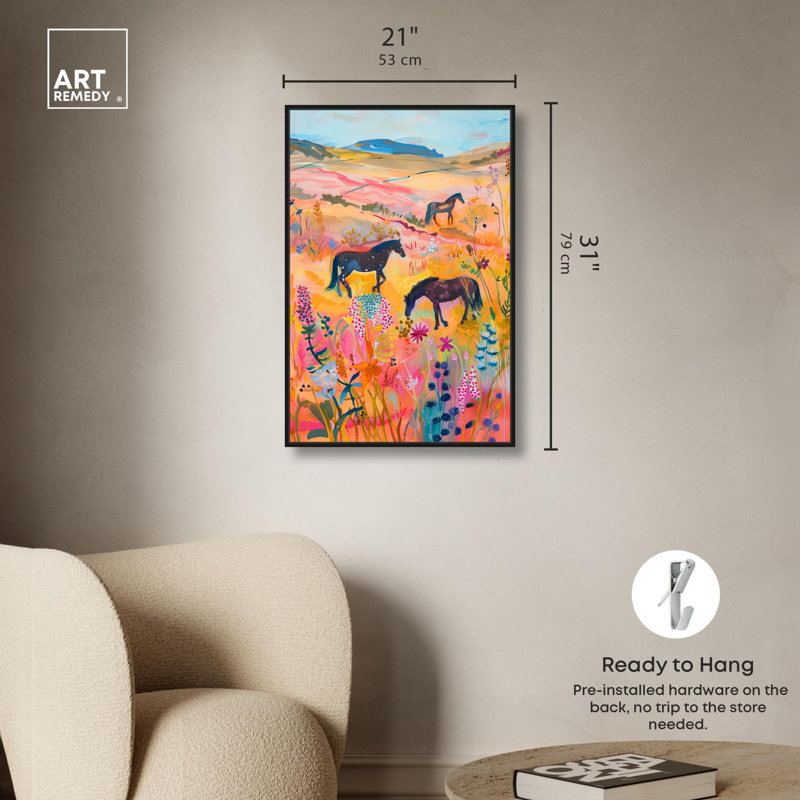 Impression sur toile «Chevaux Beautiful Pasture II» par Art Remedy, H 31 po x l 21 po, Cadre flottant noir