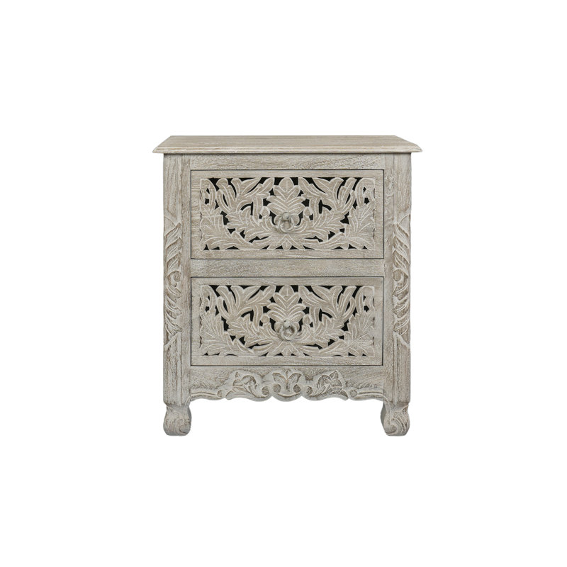 Table de chevet en bois massif à 2 tiroirs Harleen, Beige calcaire