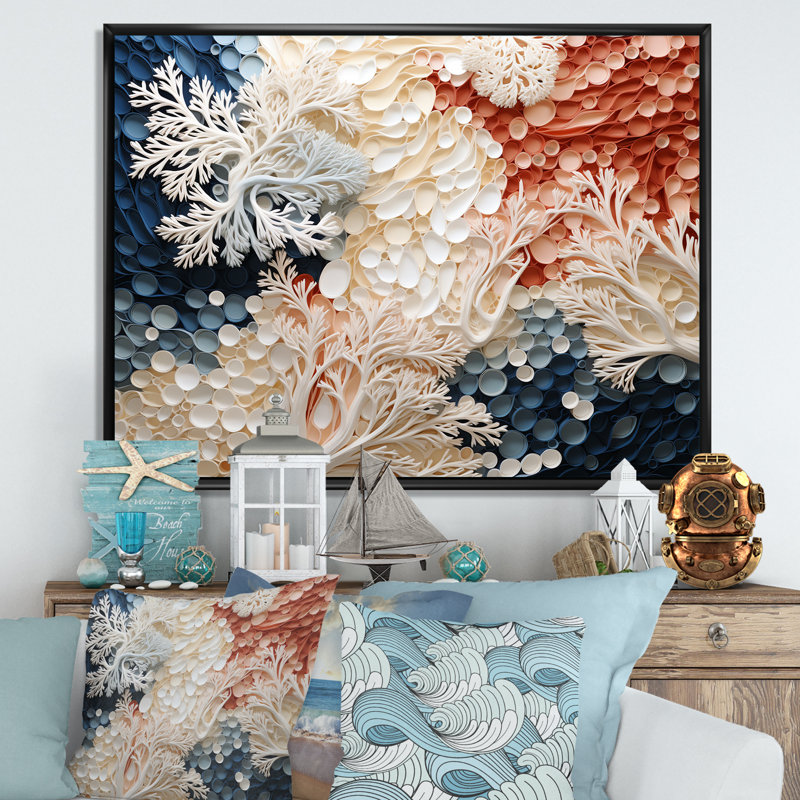 Art sur toile, corail sous-marin rose et blanc, H 30 po x l 40 po x P 1,5 po, Cadre flottant noir