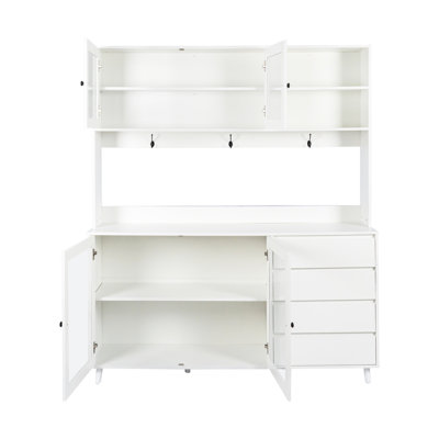 Kitchen Cabinet 63" W White - 4 Doors, Drawers & Microwave Shelf For Pantry Storage In Kitchen, Garage, Reception Area Office Mock-Up