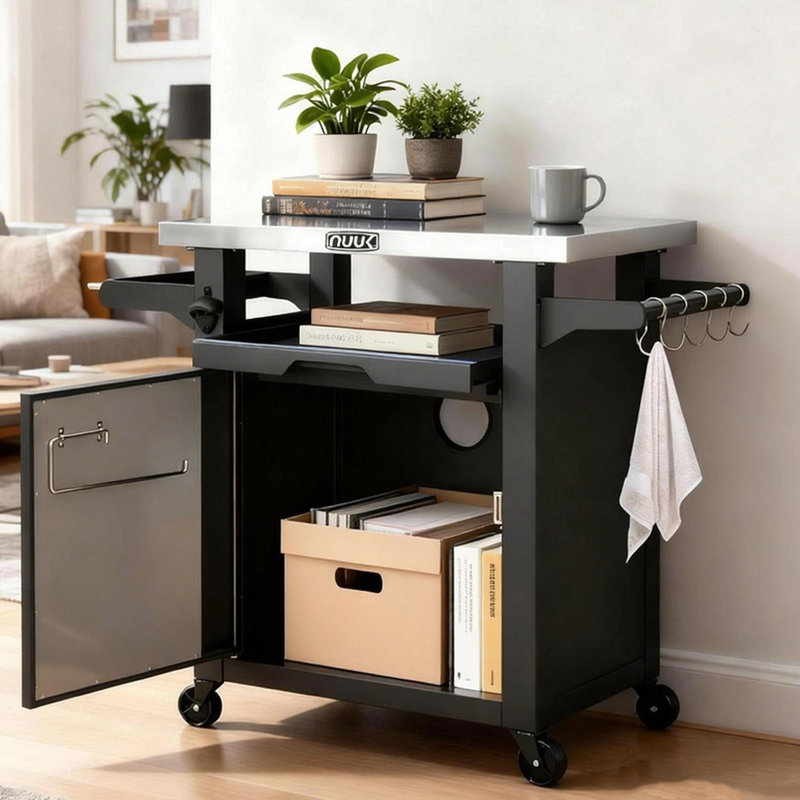 Table de four à pizza d'extérieur 20 po x 30 po, table de barbecue en acier inoxydable avec armoire de rangement et roulettes, station de préparation pour barbecue et cour arrière