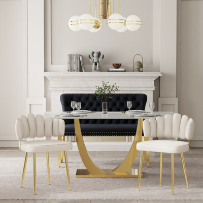 Modern Dining Set, Faux Marble Dining Table With Bench And Chair Set