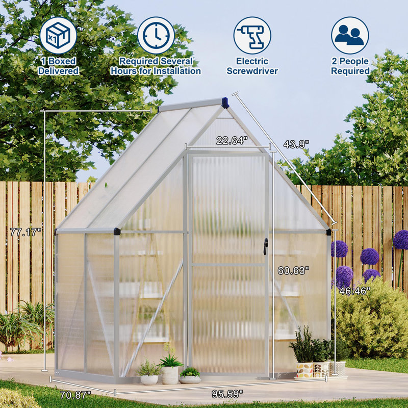 Walk-In Polycarbonate Greenhouse – 6x4FT with Aluminum Frame – Heavy Duty Reinforced, Quick Assembly, Roof Vent, Weather Resistant, Ideal for Backyard, Patio, Garden (Silver)