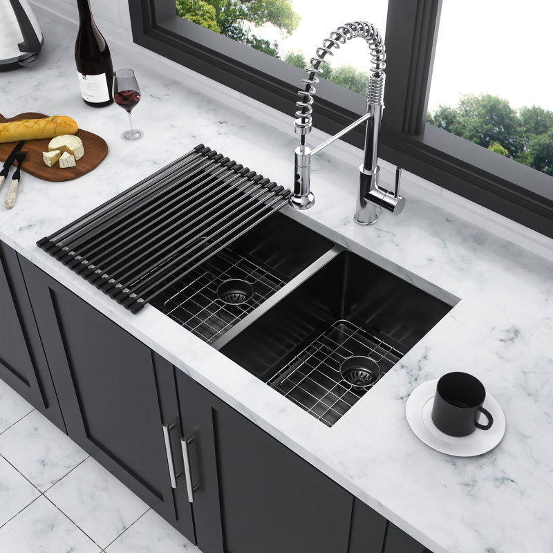 Gunmetal Black Stainless Steel Sink 33"X19" - Double Bowl Undermount, 10" Deep Basin, Improves Kitchen Utility Black, Steel, Crafted With Attention To Detail