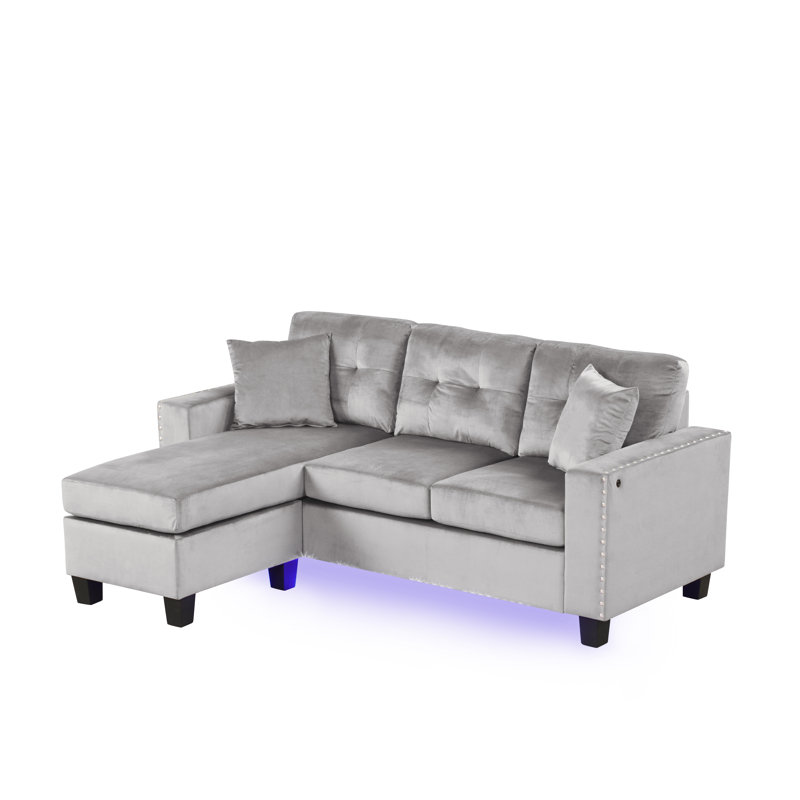 Sorenza 74"W PVC Reversible Sectional Sofa Chaise With LED Light, USB Port, Nailhead Trim, Throw Pillows, Tufted Cushion
