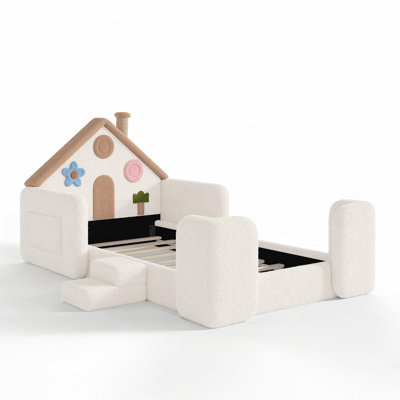 Lit simple tapissier en forme de lit simple, lit d'enfant rembourré avec rails latéraux de sécurité, cadre de lit solide pour enfants, lit de jeu à plancher bas pour chambre de bébé et d'enfant. Beige et naturel