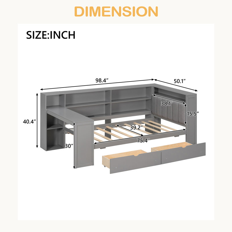 Lit plateforme en bois avec tablettes de rangement, tiroirs, station de charge, DEL, bureau et tête de lit tapissier, Gris