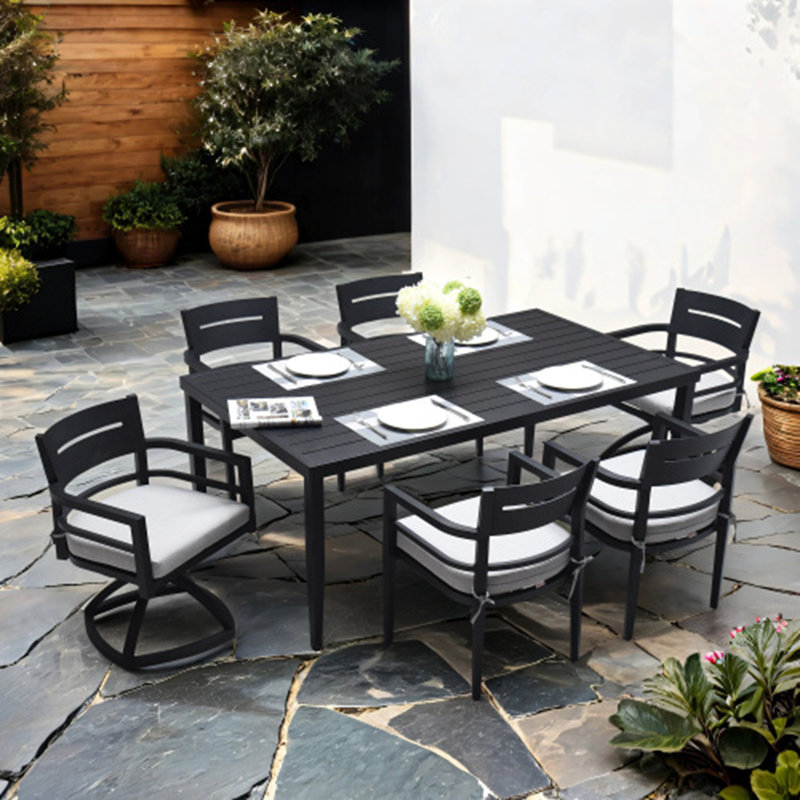 7-Piece Outdoor Patio Furniture Modern Dining Set including 4 Dining Chairs & 2 Swivel Rockers and Rectangle Dining Table