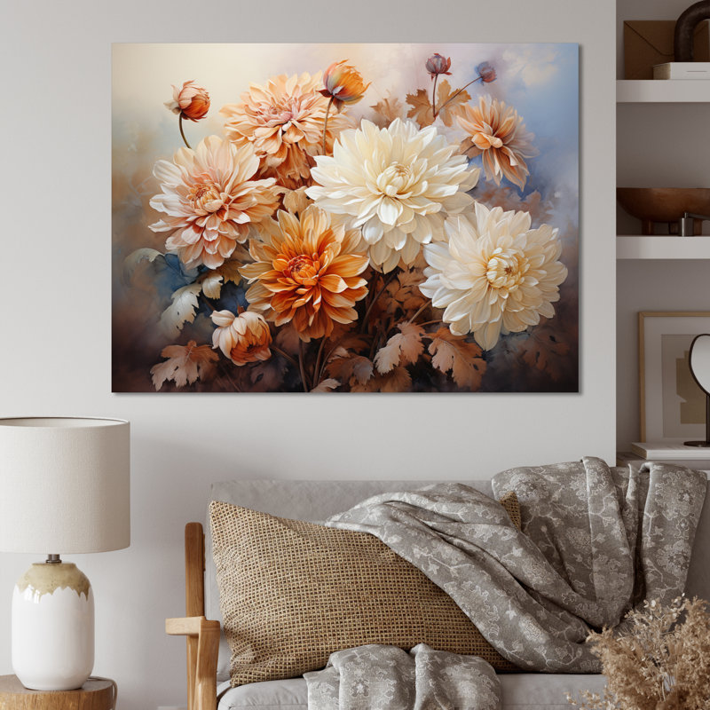 " Peach White Charming Chrysanthemums ", 30" H x 40" W x 1.5" D, Wrapped Canvas
