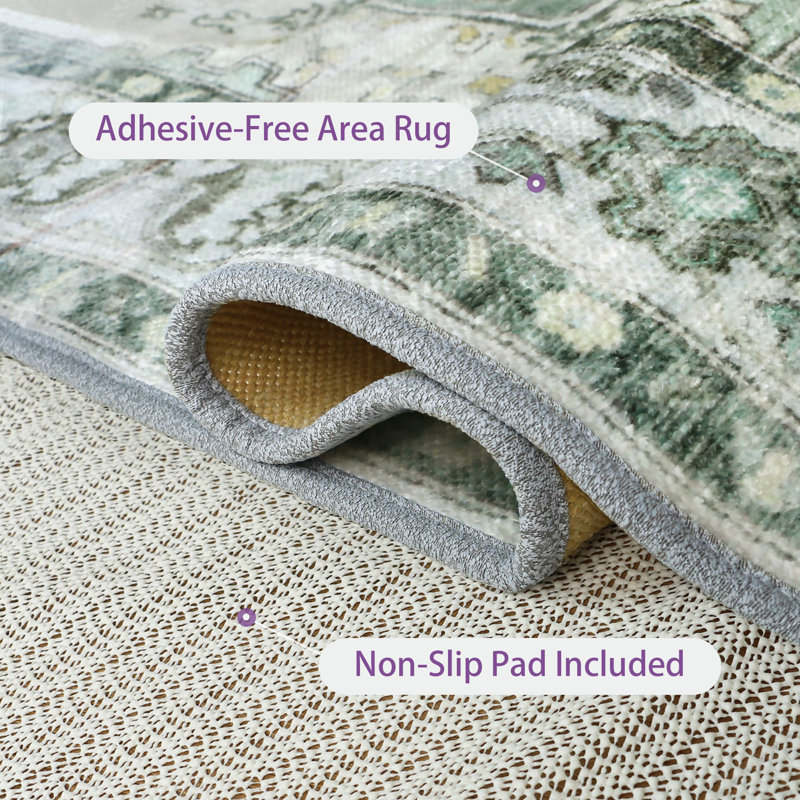 8'x 10' Performance Machine Washable Green / Ivory Area Rug with Non-Slip Rug Pad, Green, Rectangle 8' x 10'