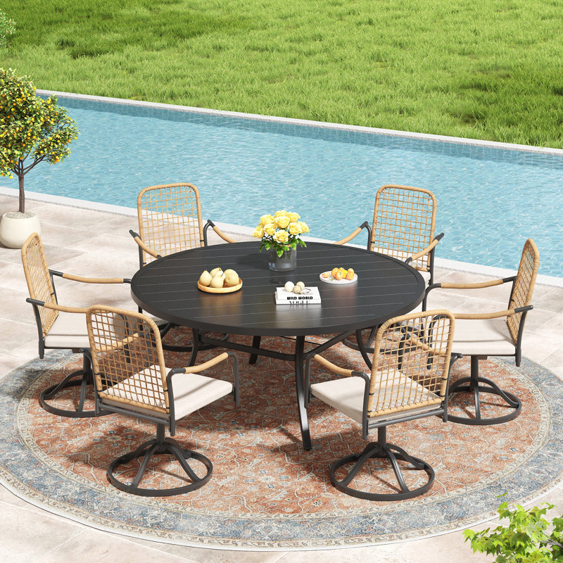 6 - Person Outdoor Dining Set With Cushioned Swivel Woven Rattan Chairs, Black