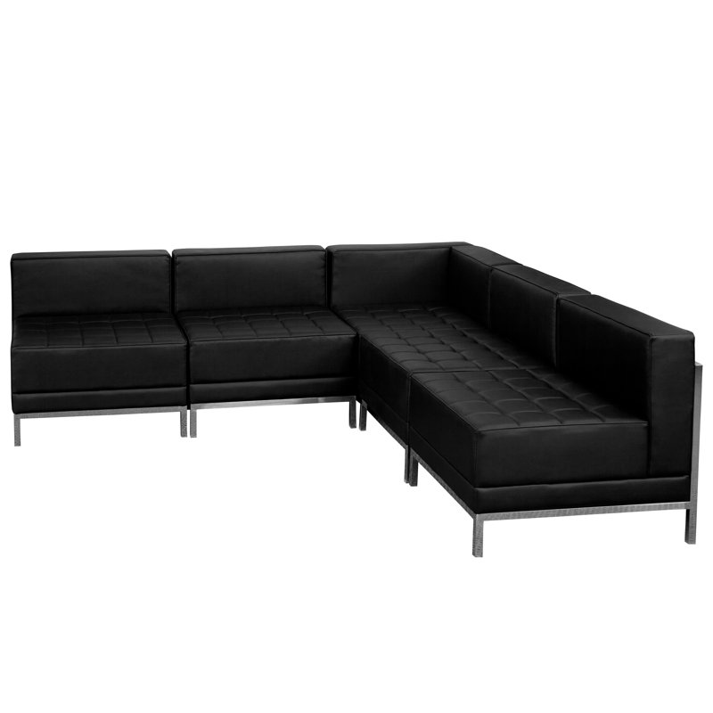 Black Tufted Leather Five Piece Reception Set with Metal Frame