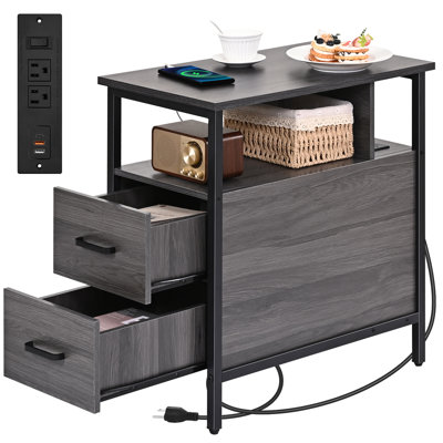 End Table with Charging Station, Narrow End Table with 2 Wooden Drawers