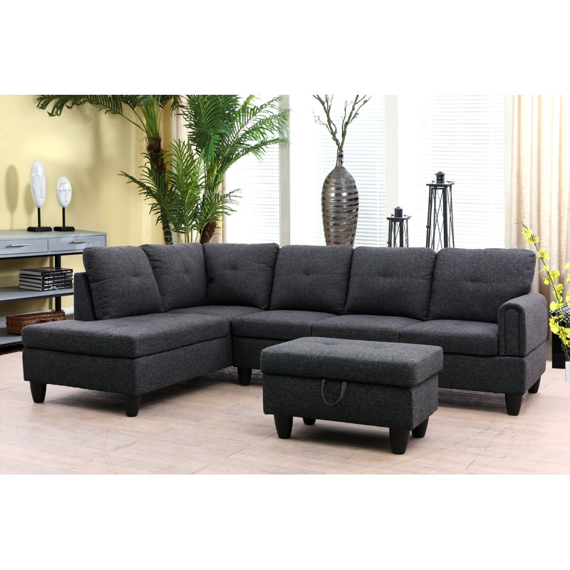 Canapé modulaire et méridienne 3 pièces avec repose-pieds Jacksmith, Face à la gauche, Lin gris et noir