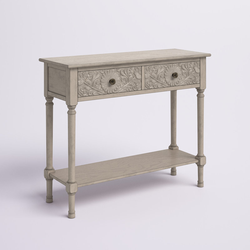 Josie Elegantly Carved Greige Wood & Metal 40'' Console Table with Storage