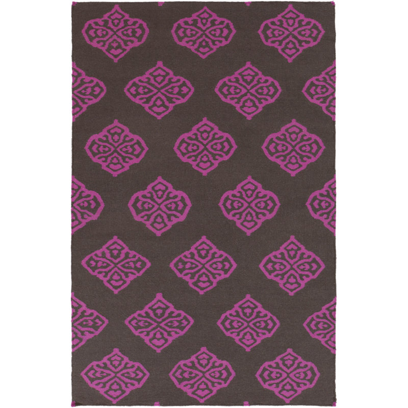 Tapis brun / magenta en laine tissé à la main Atkins, Rectangle 3 pi 6 po x 5 pi 6 po