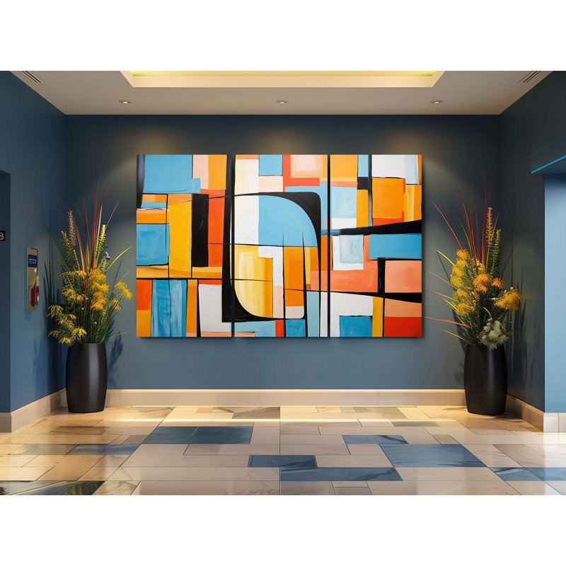 «Triptych Canvas Wall Art», art mural moderne abstrait sur toile Triptych - impression géométrique colorée - décoration murale bleu orange - grand ensemble mural contemporain