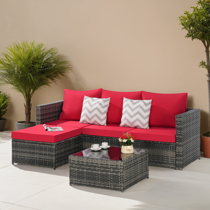 Ensemble de conversation modulaire en rotin avec méridienne et coussins 3 pièces, Rouge