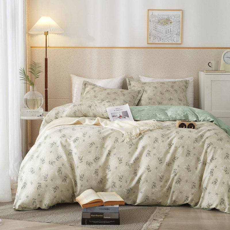  Ensemble de housse de couette en coton floral, Housse de couette simple et deux taies décorative, Kaki floral