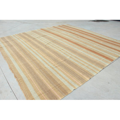 Oversized Vintage Turkish Anatolian Handmade Carpet Ideal for Enhancing Your Living Room Decor with Its Striking Striped Beige Design