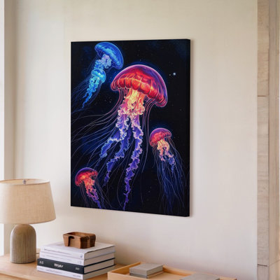 Toile, art mural méduse bioluminescente canevasmystique, lueur de mer profonde, prêt à accrocher