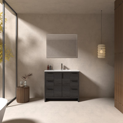 Meuble-lavabo simple 40 po avec plateau en résine blanc brillant, 6 tiroirs, 2 portes Modern