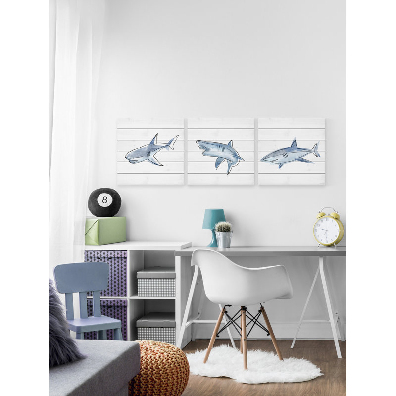 Fiery Sharks 3-Piece Print on White Wood, 18" H x 18" W x 1.5" D