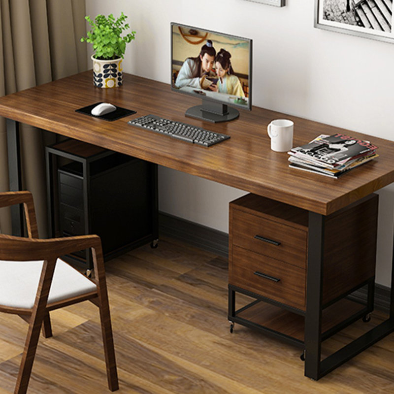 Black Rectangular Solid Wood+Iron desk, Light Coffee, 29.53" H x 62.99" W x 27.56" D