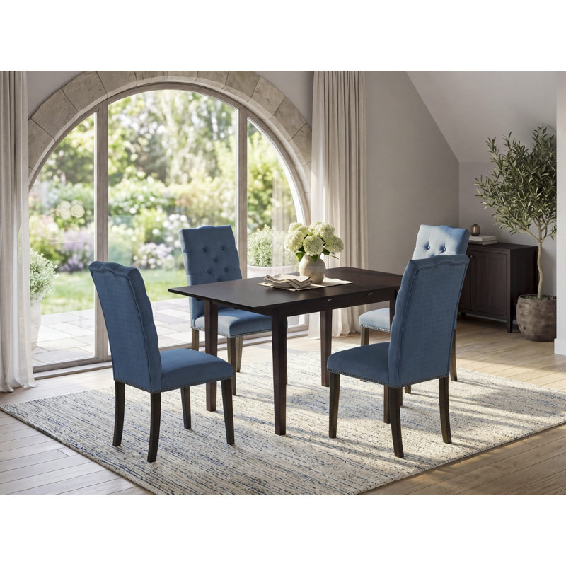 Ensemble de table de salle à manger rectangulaire en bois massif avec plateau papillon, Noir, Bleu