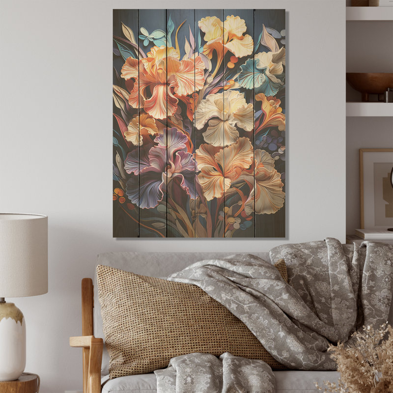 Bouquet d'iris, collage coloré - Art mural en bois d'iris sur bois de pin naturel, H 32 po x l 24 po