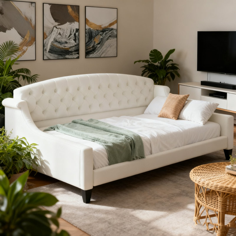 Beige Twin Modern Luxury Tufted Button Daybed