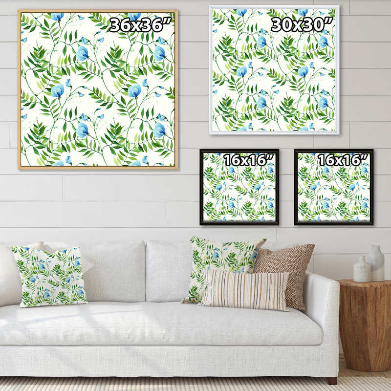 Feuilles tropicales avec petites fleurs bleues - peinture sur toile, H 37 po x l 37 po x P 1,5 po, Érable encadré