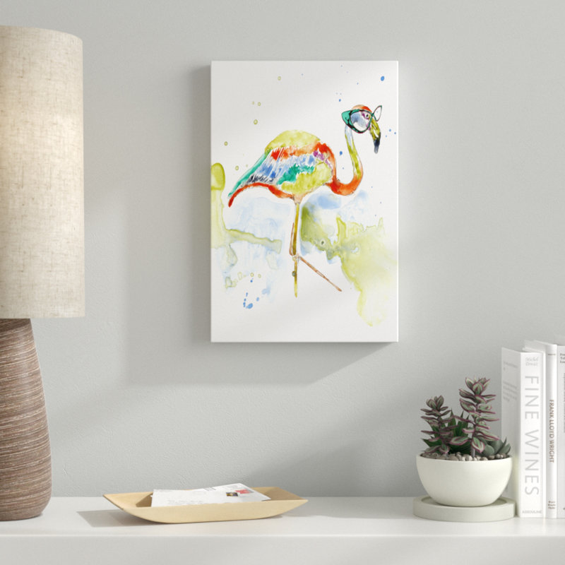«Smarty-Pants Flamingo», peinture sur toile, H 18 po x l 12 po