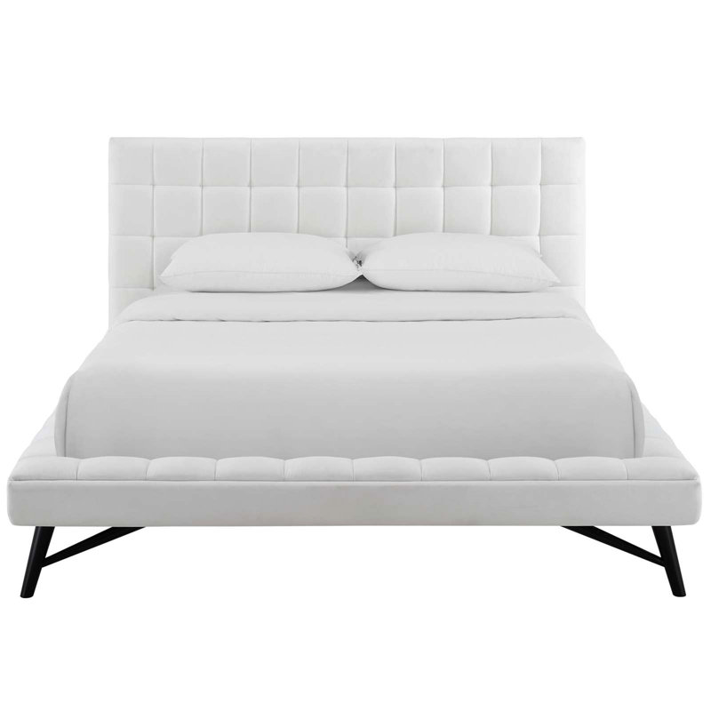 Julia Queen Biscuit Tufted Upholstered Fabric Platform Bed, White