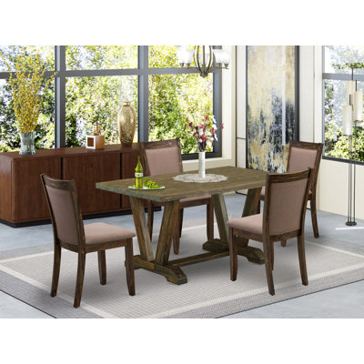 5 Piece Set a Distressed Jacobean Top Modern Dining Table with Trestle Base and 4 Dark Khaki Linen Fabric Parson Chairs - Distressed Jacobean Finish