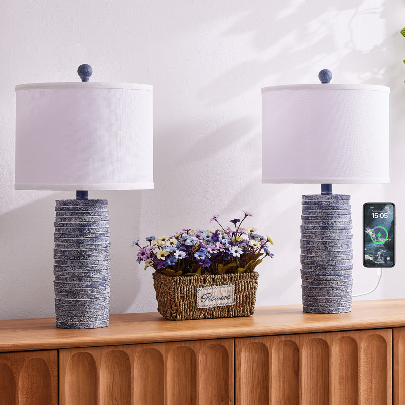  Middlebrooks 22.6" Farmhouse Resin Table Lamp with 3-Way Dimmable Light and USB Port, Painted Blue