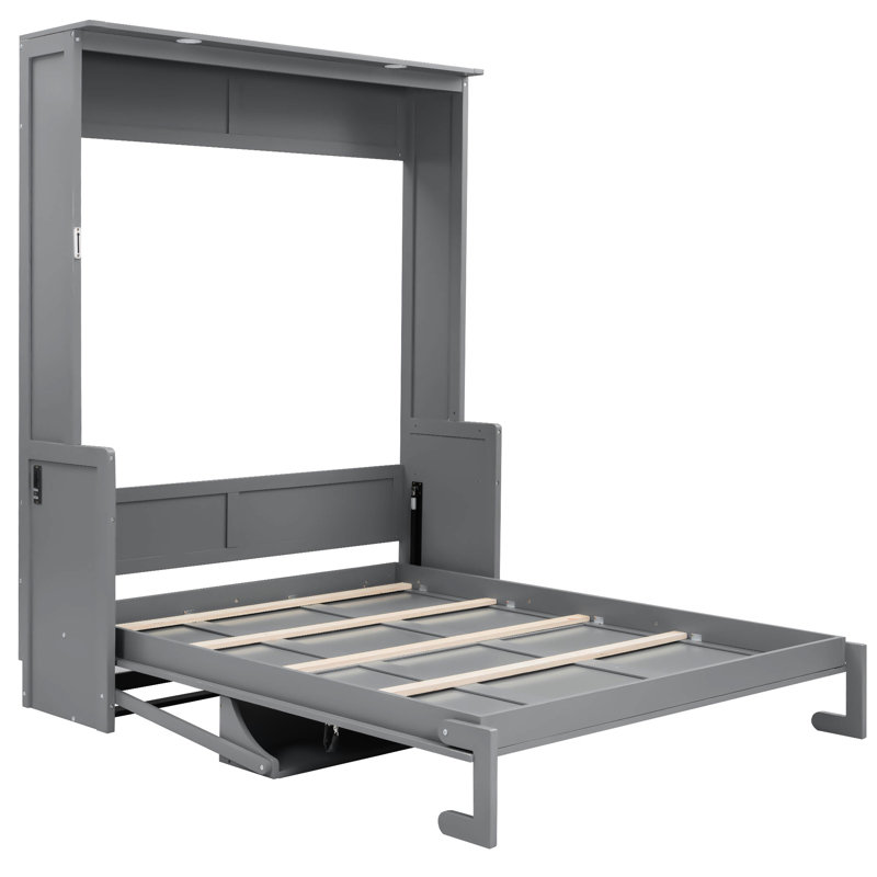 Grand lit avec bureau, finition grise, lumières et charge DEL, solution peu encombrante pour des espaces limités, lattes en bois de qualité, lumières de bureau à double mécanisme de piston, station de charge, moderne