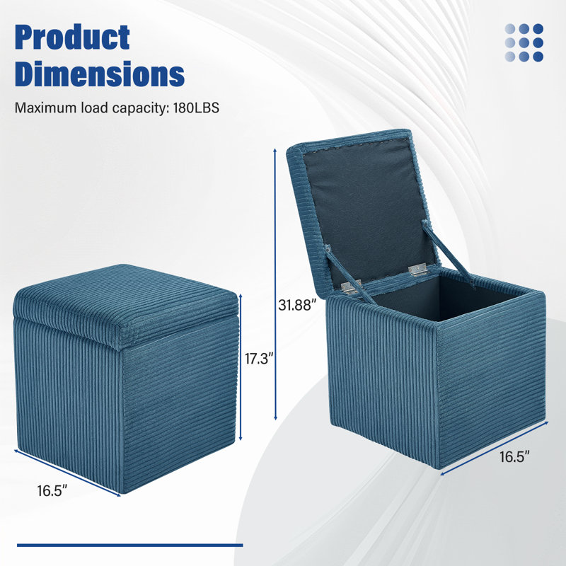 Repose-pieds de rangement en velours côtelé 16,5 po avec couvercle rabattable, petit banc rembourré pour l'entrée, la chambre à coucher ou le salon