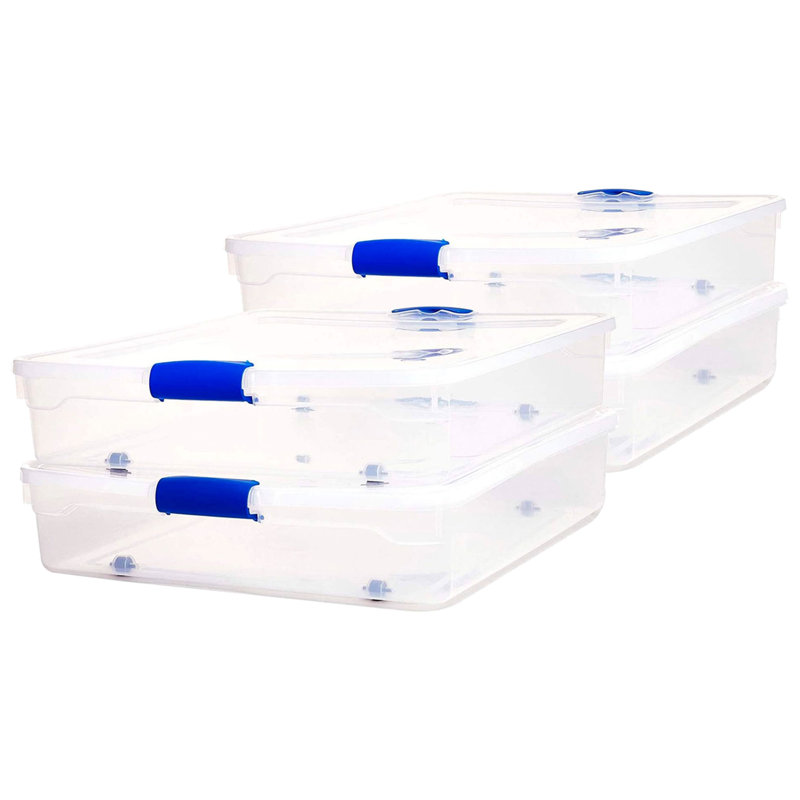 Homz Underbed Secure Latching Clear Plastic Storage Container, Clear/Blue, 56 qts., 4