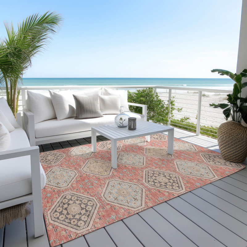 Salmon and Beige Machine Washable Rectangular Rug