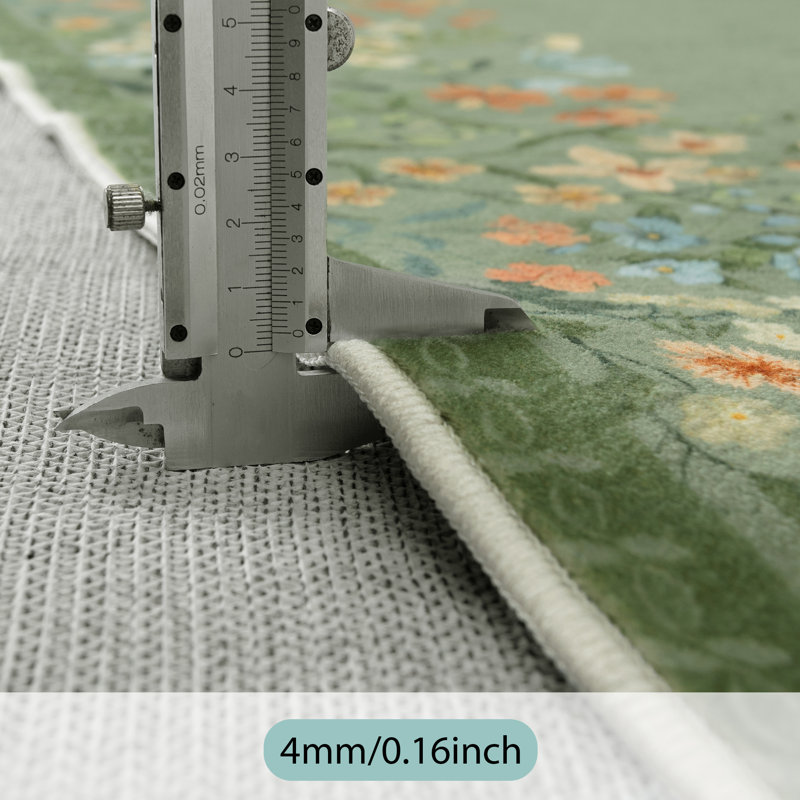 Vintage Floral Washable Area Rug with Non-Slip Backing, Low-Pile Green Rug for Living Room, Bedroom & Dining Room