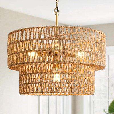 Luminaires de lustre en rotin 17,8 po Boho, luminaire suspendu en rotin 4 lumières avec abat-jour en osier à 2 niveaux, lustre suspendu en rotin de ferme pour salle à manger, salon, îlot de cuisine