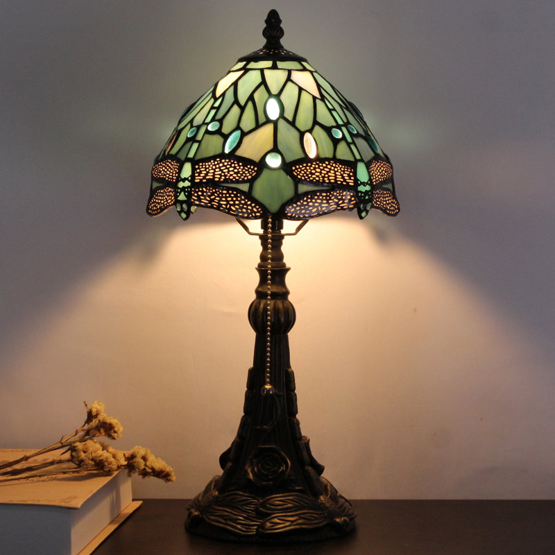 Small Tiffany Lamp Mini Stained Glass Desk Lamp Sea Blue Dragonfly Style Vintage Table Lamp Tiffany Style Night Light 8X17.5 Inch