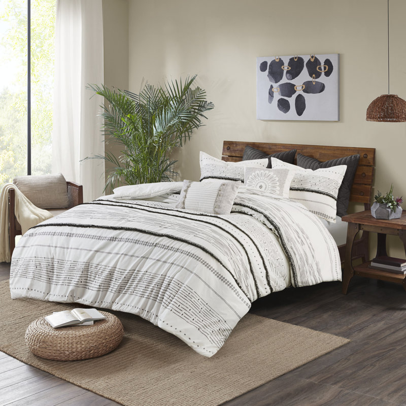 Nea Boho 3-Piece Striped Cotton Duvet Set, Full/Queen Duvet Cover + 2 Standard Shams, Off White/Gray